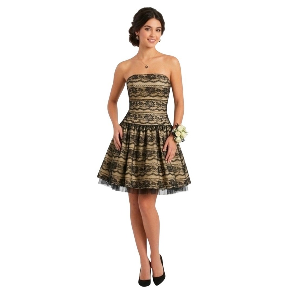Gunne Sax Womens Lace Strapless Mini Dress Size 9/10 Gold Black Vintage Y2k Goth